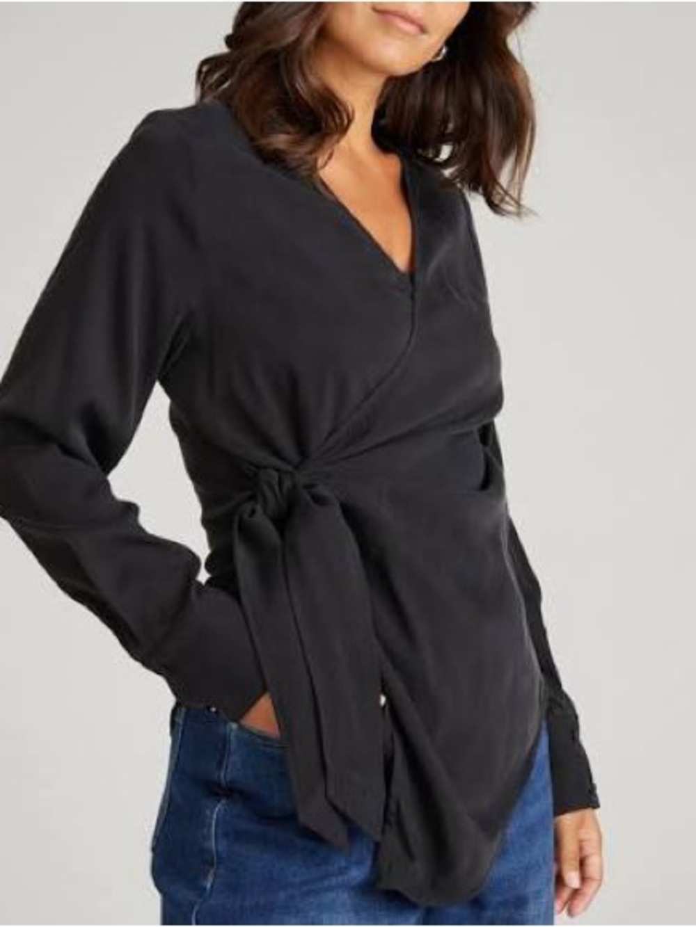 Universal Standard Black Cupro Wrap Tie V-Neck Blouse